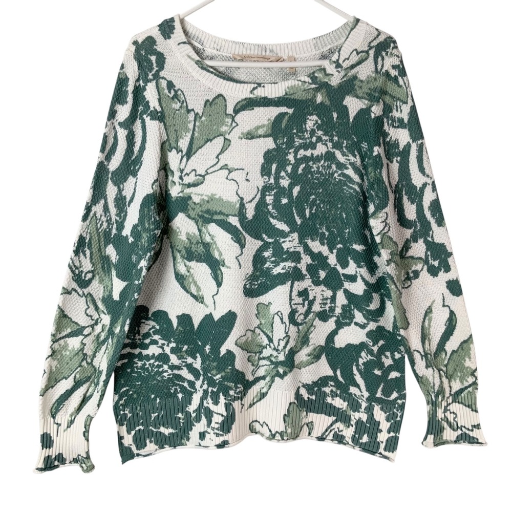 Soft Surroundings Green Floral Cotton Sweater PL Pullover Crew Neck Long Sleeve